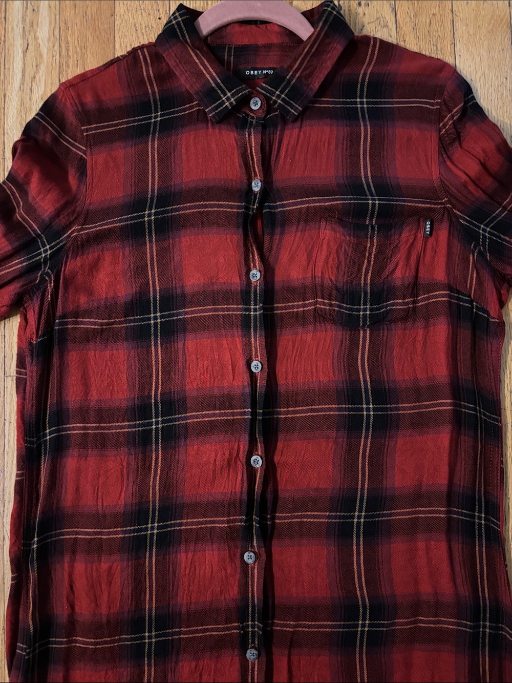 Obey Women’s Red Plaid Oversized Long Sleeve Tunic Shirt-Dress - Medium